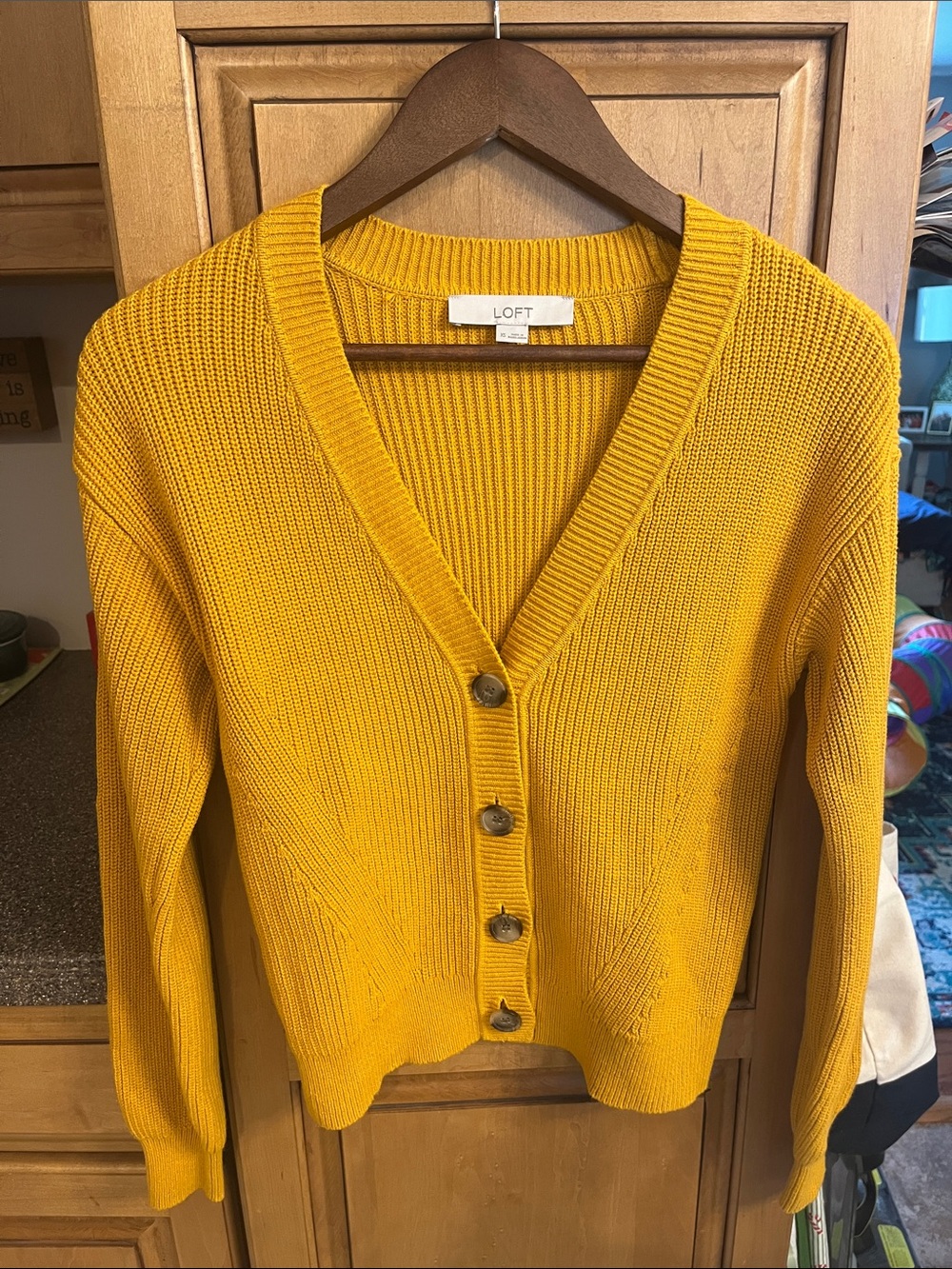 LOFT Mustard Knit V-Neck Button Front Cardigan